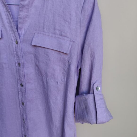 MAGASCHONI NWOT Lavender Linen Button Front Belted Roll Sleeve Shirt Dress S/P - Picture 10 of 13